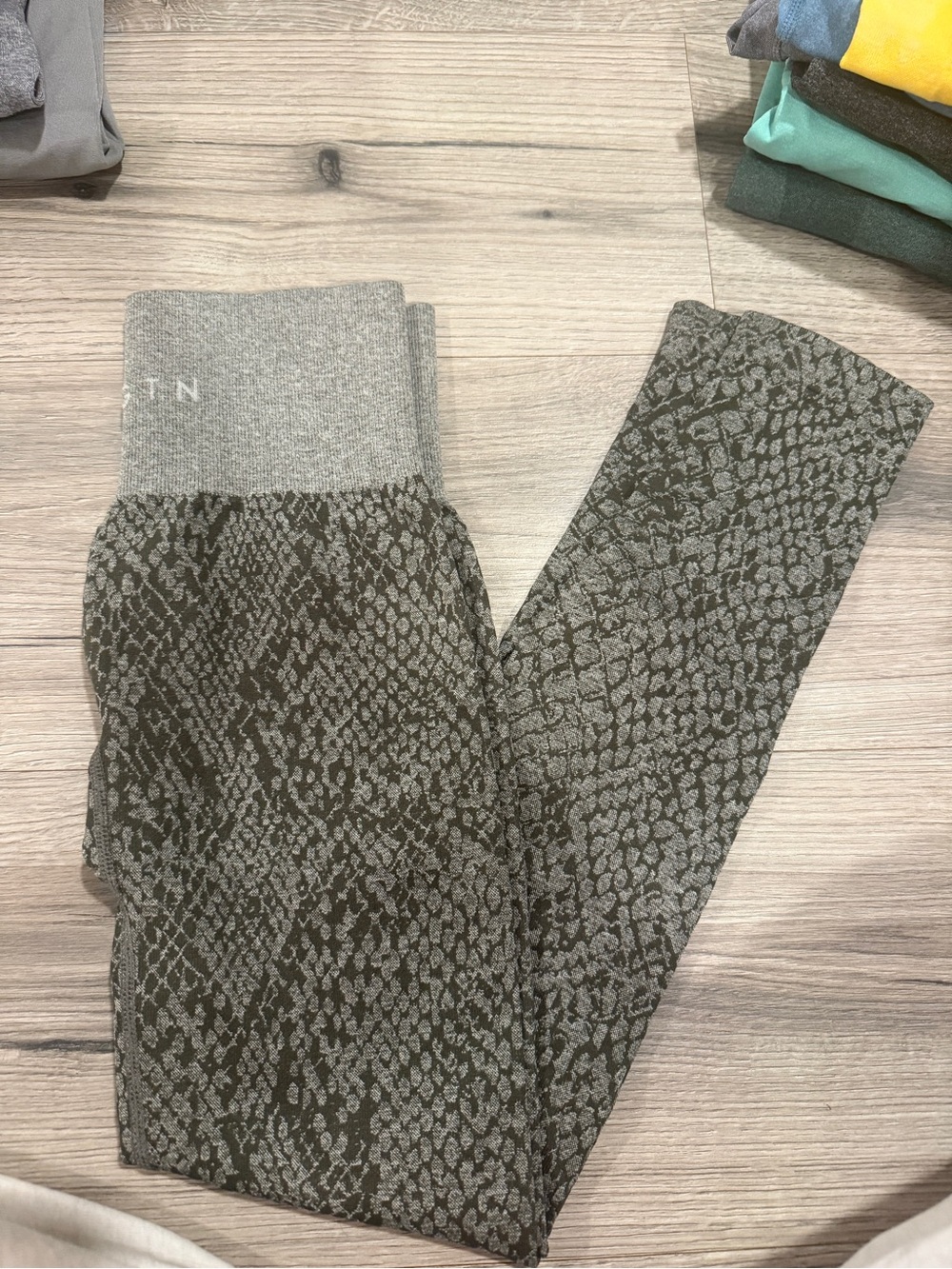 NVGTN Olive Green Snake Print Leggings with Gray Waistband